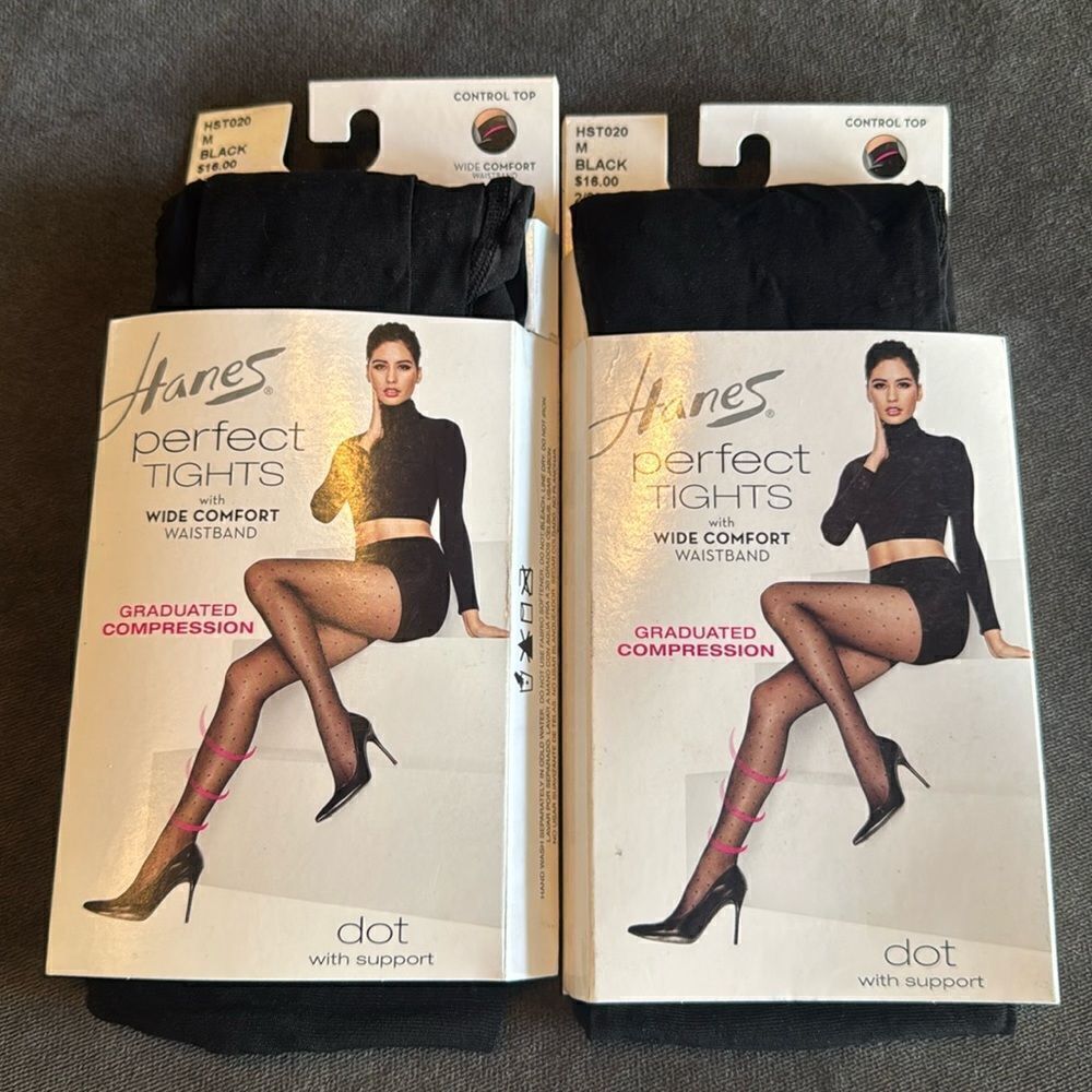 Hanes Perfect Tights ControlTop Graduated Compression Black Dot Size M x2 Pairs